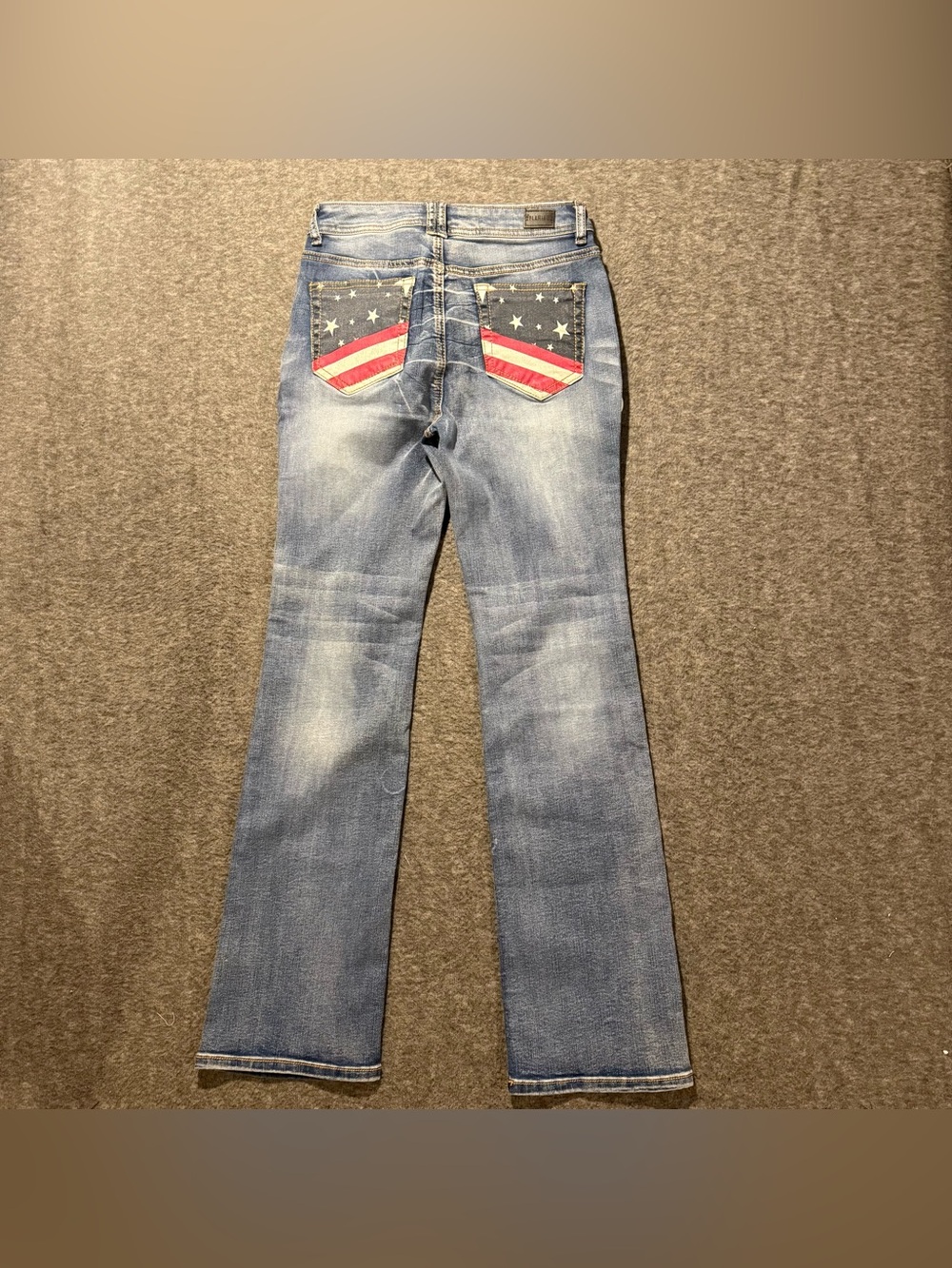 Flamingals Jeans Womens S (fit 26x31) Blue Mid Rise Bootcut USA Flag Pockets NWT